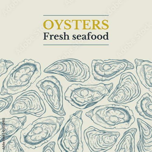 frame template for menu with different oysters. sketch style hand drawn vector illustration isolated on white background © Ирина Колесниченко