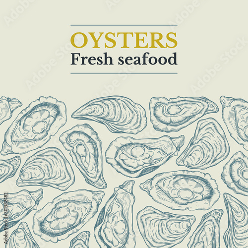 frame template for menu with different oysters. sketch style hand drawn vector illustration isolated on white background