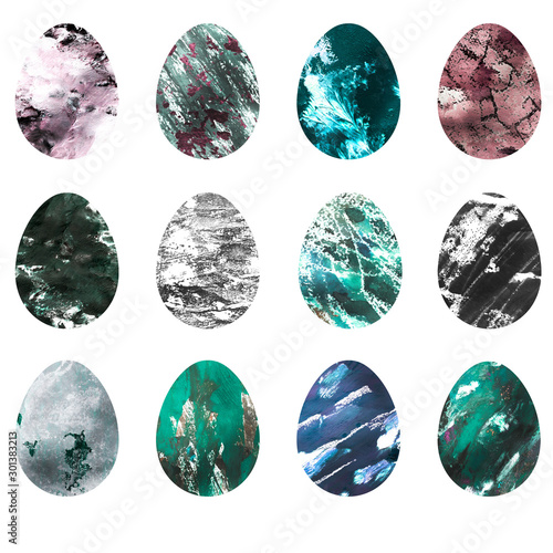 Set watercolor texture easter egg on a white background isolated object