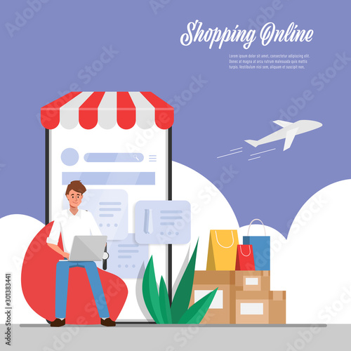 Young man is shopping online and delivery box for the customer.