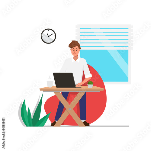 Businessman working with a computer laptop. Office occupation character.