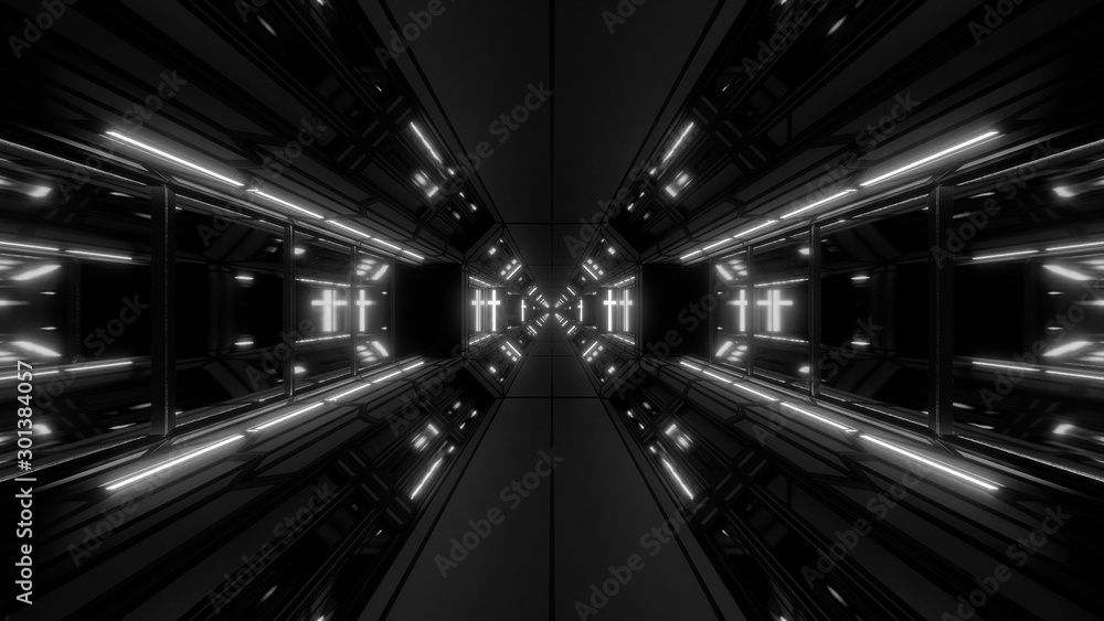 futuristic sci-fi space hangar tunnel corridor with holy glowing christian cross and reflections 3d illustration background wallpaper
