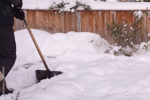 Snow removal in the garden in winter after a snowfall.