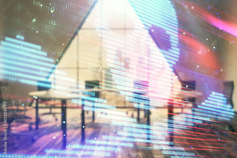 Double exposure of hacking theme hologram on conference room background. Concept of cyberpiracy Double exposure of hacking theme hologram on conference room background. Concept of cyberpiracy
