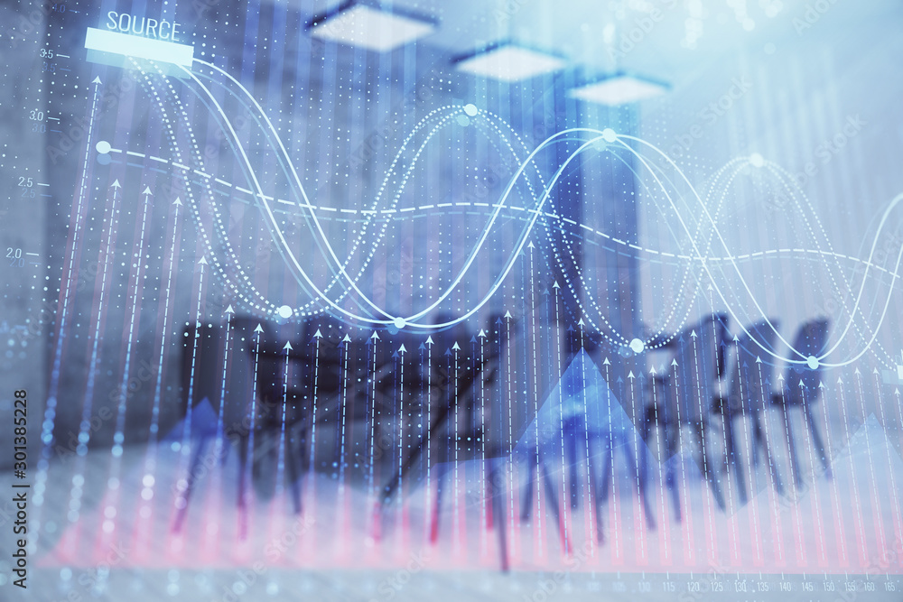 Multi exposure of stock market graph on conference room background. Concept of financial analysis Multi exposure of stock market graph on conference room background. Concept of financial analysis