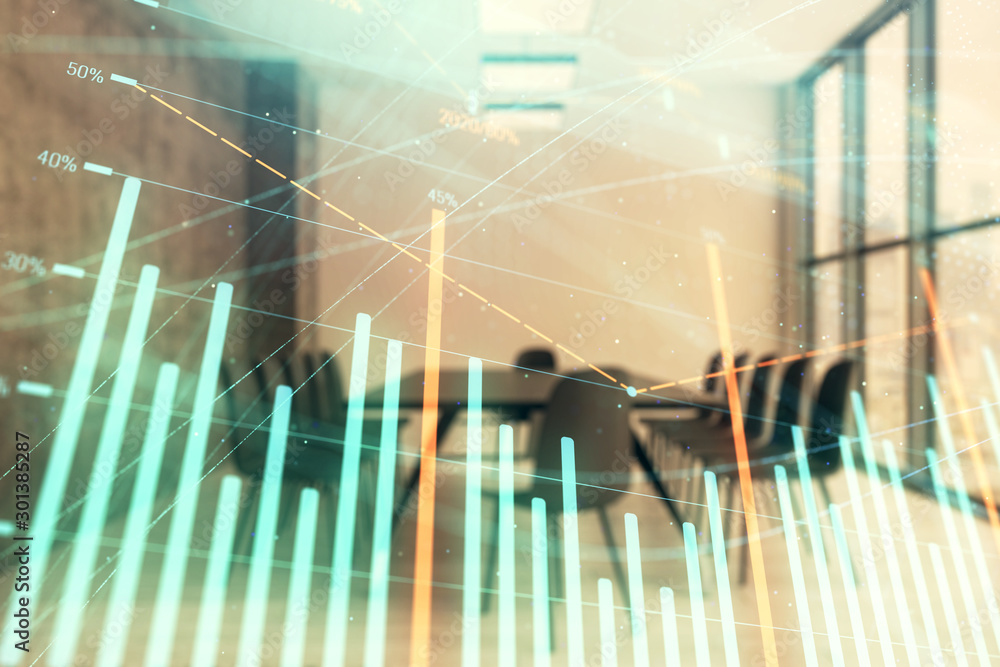 Multi exposure of stock market graph on conference room background. Concept of financial analysis Multi exposure of stock market graph on conference room background. Concept of financial analysis