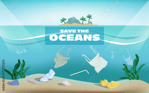 Save the oceans of plastic pollution. Waste underwater the sea. Stop plastic poster banner background.