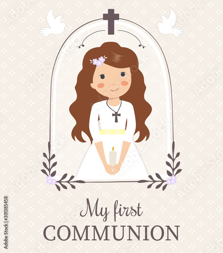 Lovely girl for First Communion. Girl with pigeons and cute frame