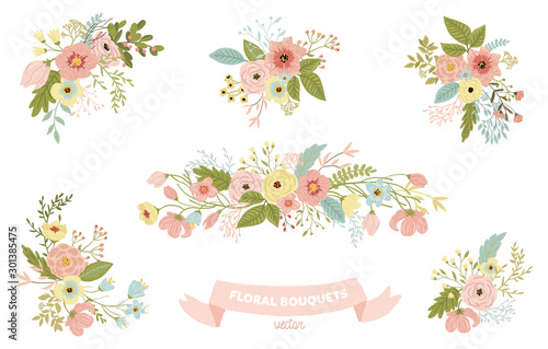 Vector isolated floral bouquet collection set - colorful illustrations, ribbon, for wedding invitations, greetings, wallpapers, fashion, background. © Veris Studio