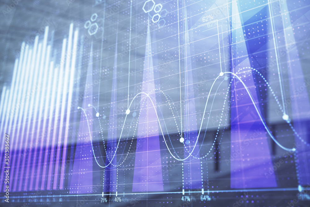Double exposure of stock market graph on empty exterior background. Concept of analysis Double exposure of stock market graph on empty exterior background. Concept of analysis
