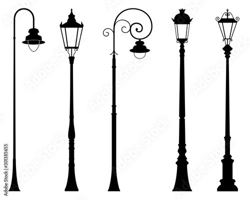 Vector set of decorative street lantern silhouettes in retro style, in black color, isolated, on white background. 