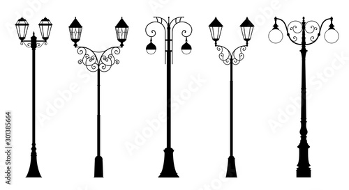 Vector set of decorative street lantern silhouettes in retro style, in black color, isolated, on white background. 