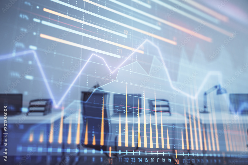 Stock and bond market graph with trading desk bank office interior on background. Multi exposure. Concept of financial analysis