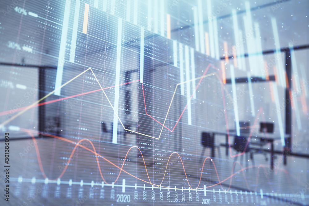 Stock and bond market graph with trading desk bank office interior on background. Multi exposure. Concept of financial analysis Stock and bond market graph with trading desk bank office interior on background. Multi exposure. Concept of financial analysis