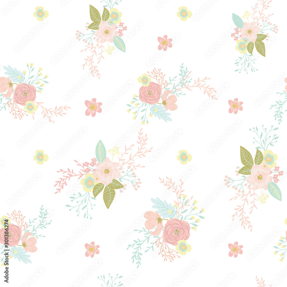 Vector floral seamless pattern on white background with flower bouquet and buds. Modern design for wedding, invitations, paper, cover, fabric, interior decor, etc. Ideal for baby girl design.