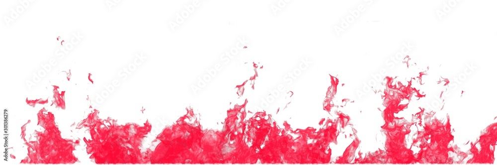Real red line of fire flames isolated on white background. Mockup on white of wall of fire.