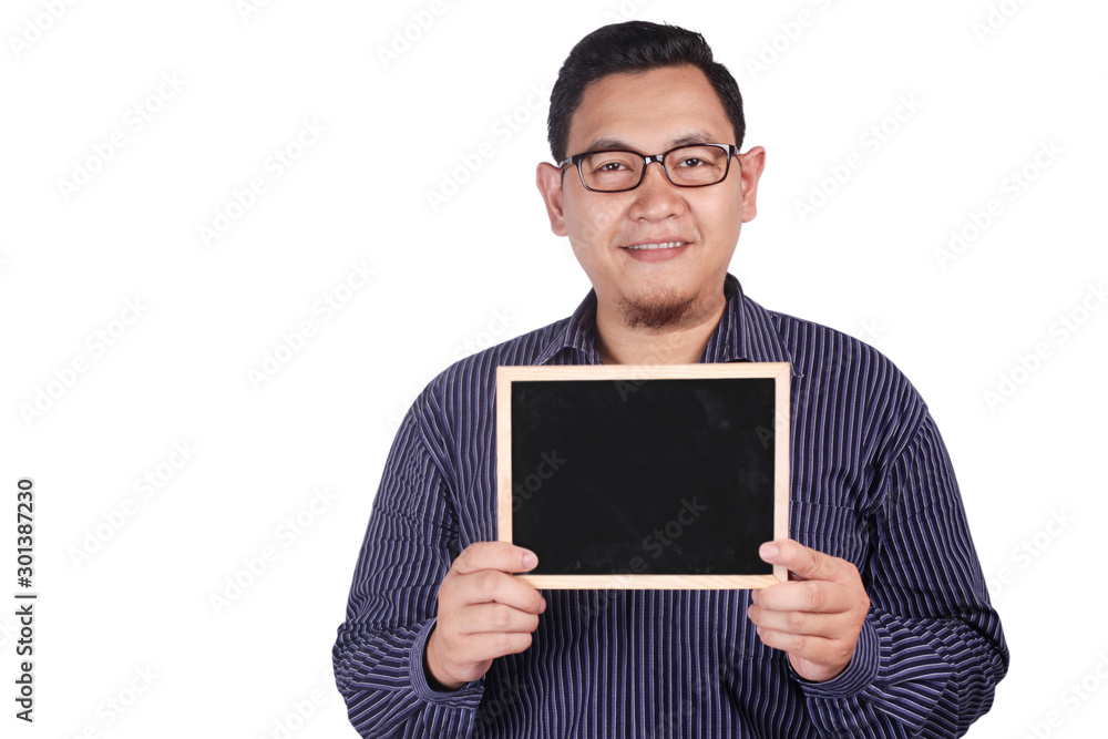 Young Asian Man Smiling and Presenting Empty Copy Space Blackboard Young Asian Man Smiling and Presenting Empty Copy Space Blackboard