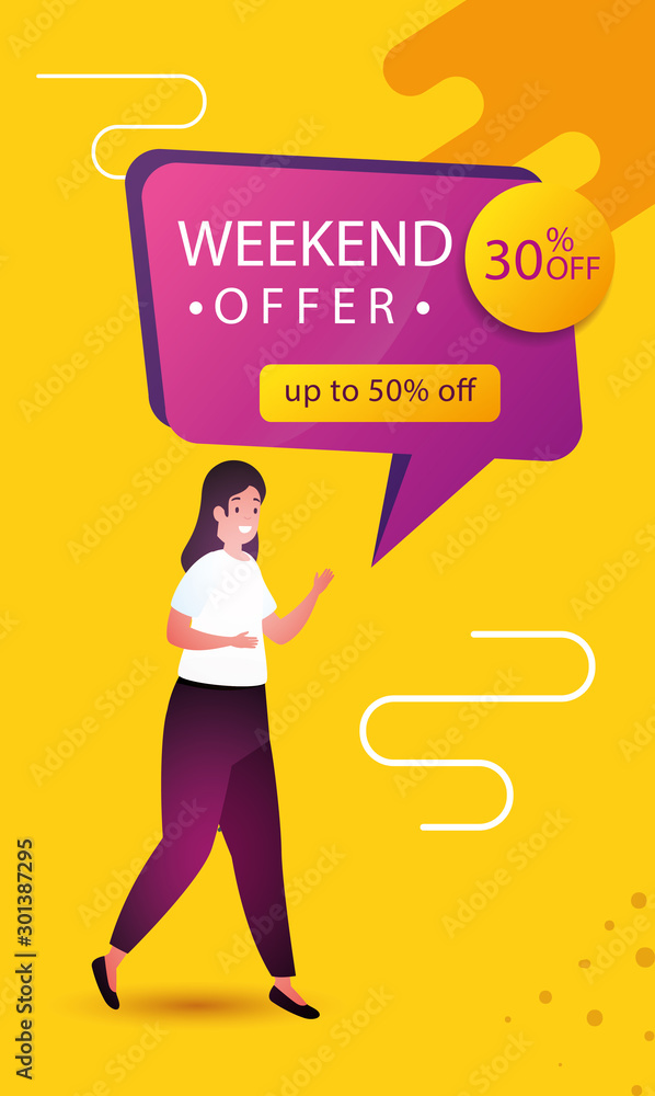 woman and commercial label weekend offer with percents discount vector illustration design