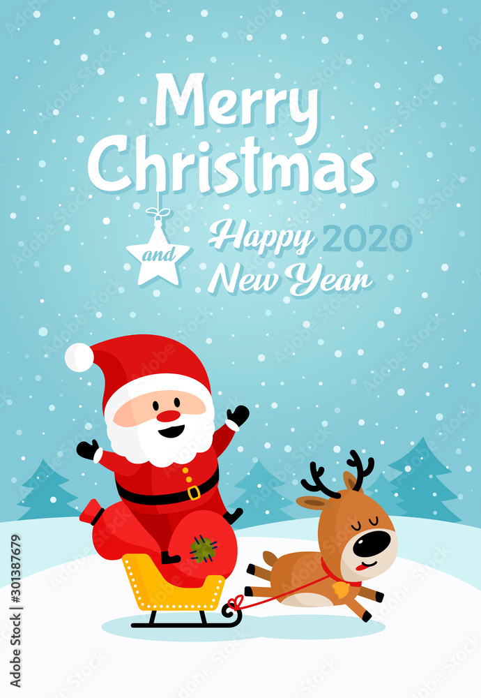 Santa Claus with deer on sleigh with bag of gifts Santa Claus with deer on sleigh with bag of gifts