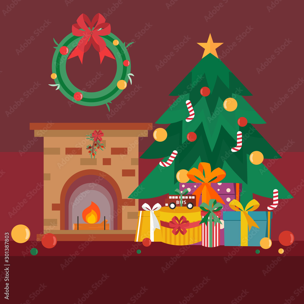 Obraz premium Fireplace with Christmas tree and gifts