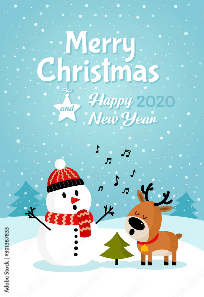 Snowman with deer singing song near Christmas tree Snowman with deer singing song near Christmas tree