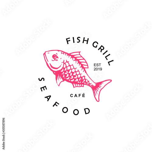 seafood logo fish vector simple circle badge with illustration for cafe and restaurant design template