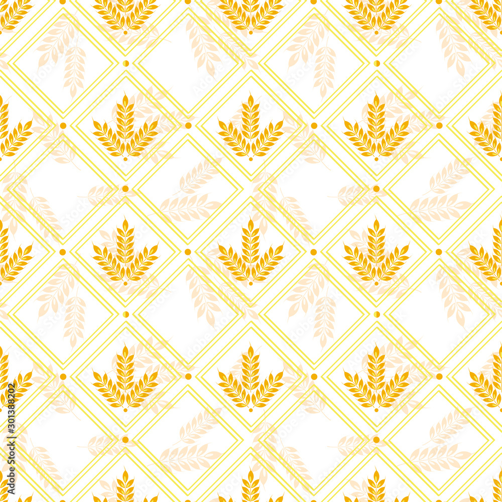 Vector seamless geometric pattern with ears of wheat; whole grain, organic, for bakery package, bread products, wrapping paper, web design.