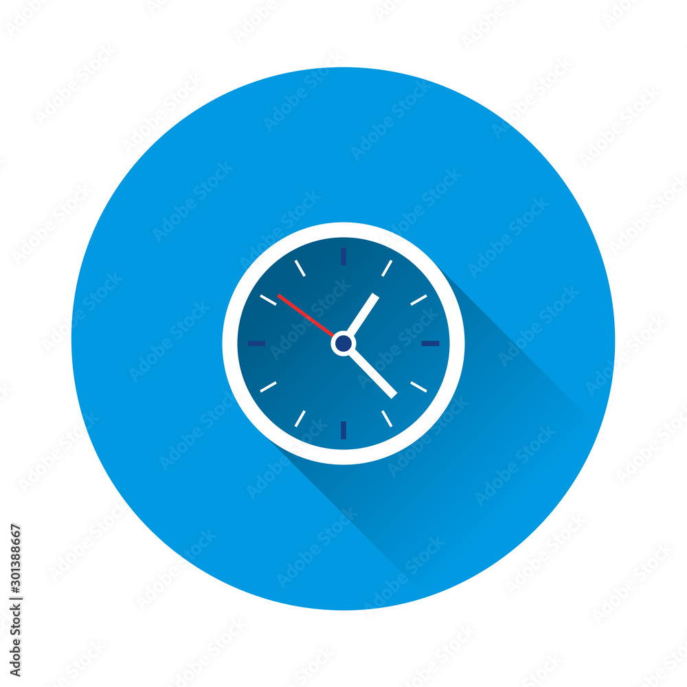 Clock icon on blue background. Flat image with long shadow. Clock icon on blue background. Flat image with long shadow.