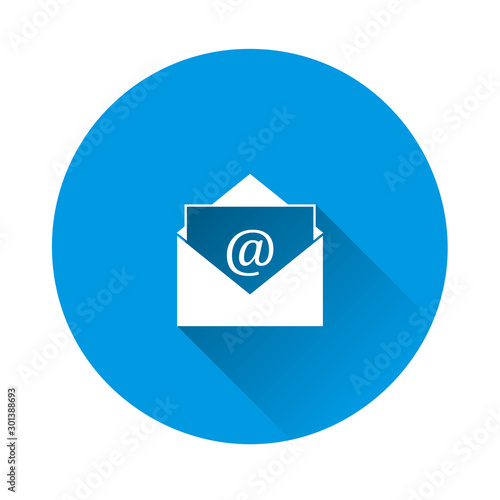 Mail vector icon on flat design. E-mail vector on blue background. Flat image with long shadow.