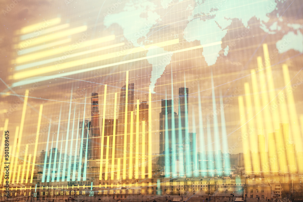 Double exposure of financial graph and world map on city veiw background. Concept of financial market research and analysis Double exposure of financial graph and world map on city veiw background. Concept of financial market research and analysis