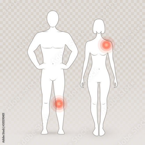 Male and female silhouettes with pain circles on the transparent background. Human model, man and women figure. Front view human body vector illustration.