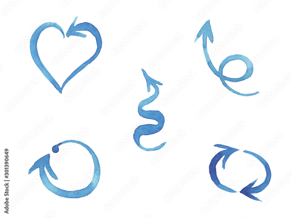 Blue watercolor hand painted brush stroke arrows collection isolated on white background Blue watercolor hand painted brush stroke arrows collection isolated on white background