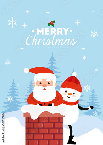 merry christmas poster with santa claus and snowman in chimney vector illustration design