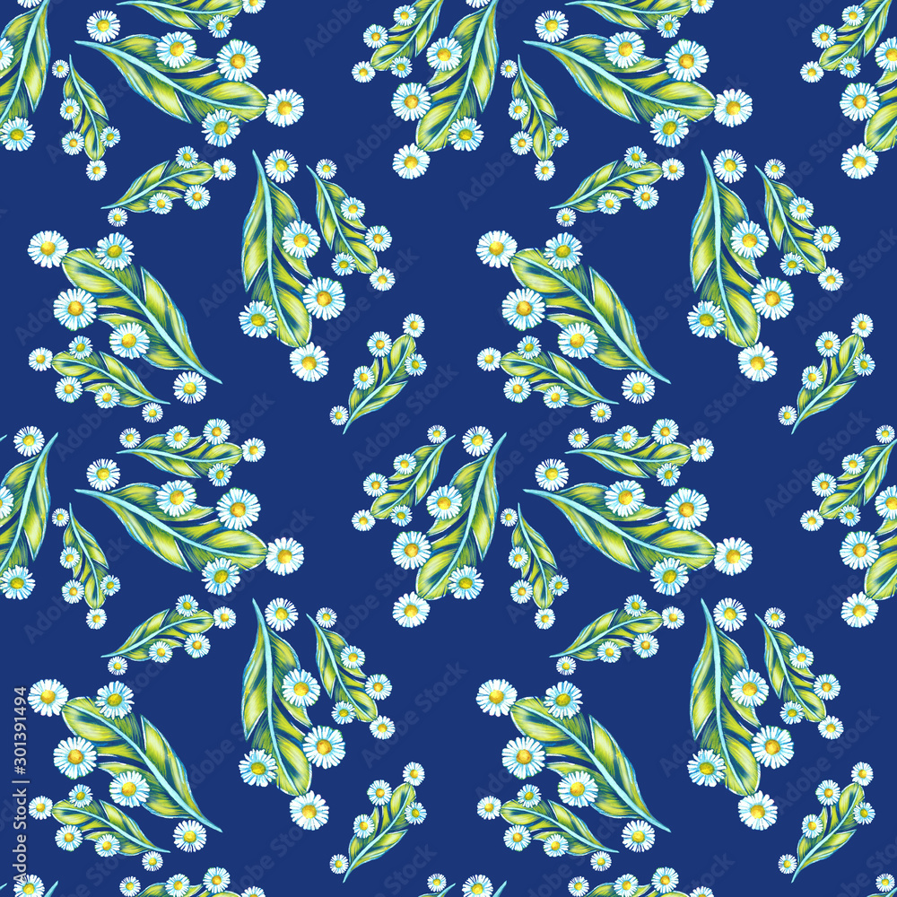 Seamless texture Bright multi-colored feathers and daisy flowers white blue green summer sun sky air blue Seamless texture Bright multi-colored feathers and daisy flowers white blue green summer sun sky air blue
