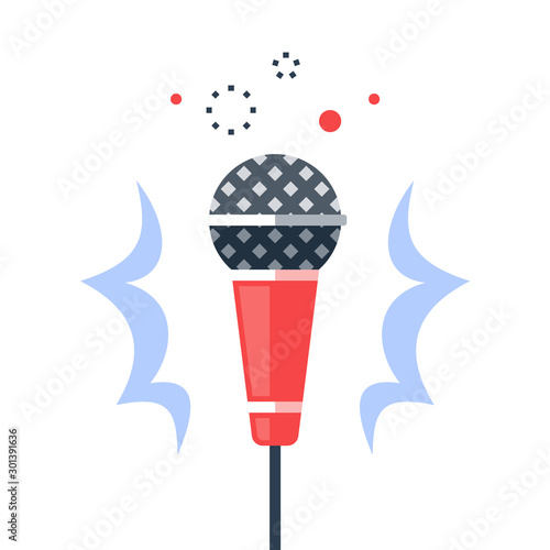 Dynamic microphone, open mic comedy stand up, master of ceremonies or emcee, talk show, podcast or broadcast
