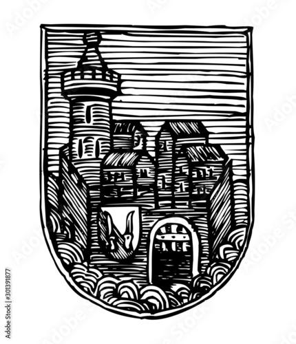 coat of arms with castle, gate and shield, coat of arms of Mikulov, linocut