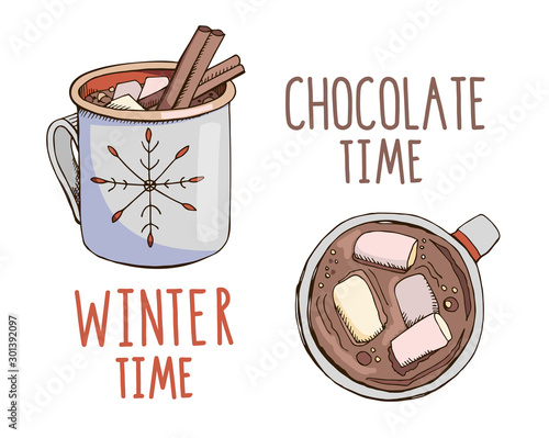 Set of hand drawn vector mugs with hot chocolate isolated on white. Cups with Christmas beverage cinnamon and marshmallow. Top and side view. Winter holiday mood board. Winter time.