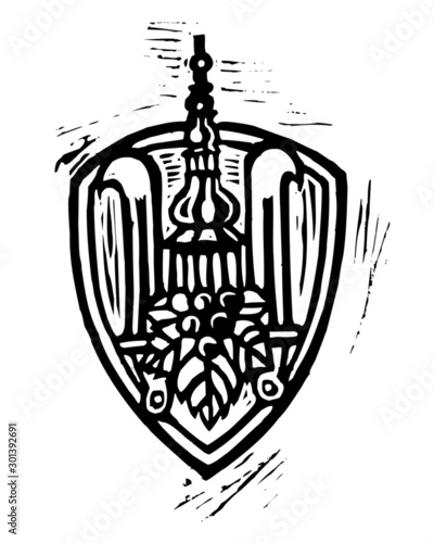 emblem of winemakers, grapes and leaves, wine knife and tower in coat of arms, linocut
