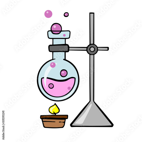 Doodle sketch laboratory apparatus, round chemical flask is heated. Laboratory experiment. 