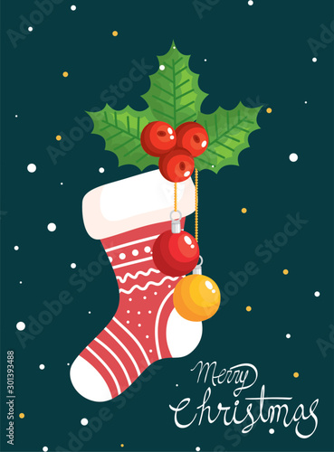 merry christmas poster with sock and decoration design