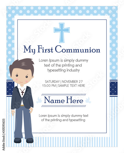 My first communion boy. Invitation design for a boy communion