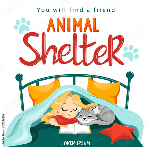 Animal Shelter design poster with child, cat and decorations.