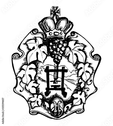 emblem of winery, wine press, grapes, wine knife, coat of arms and imperial crown, line drawing