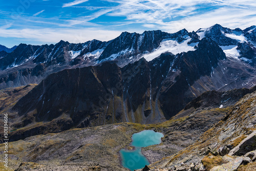 aerial veiw to lake rinnensee and glacier in the stubai alps  photo