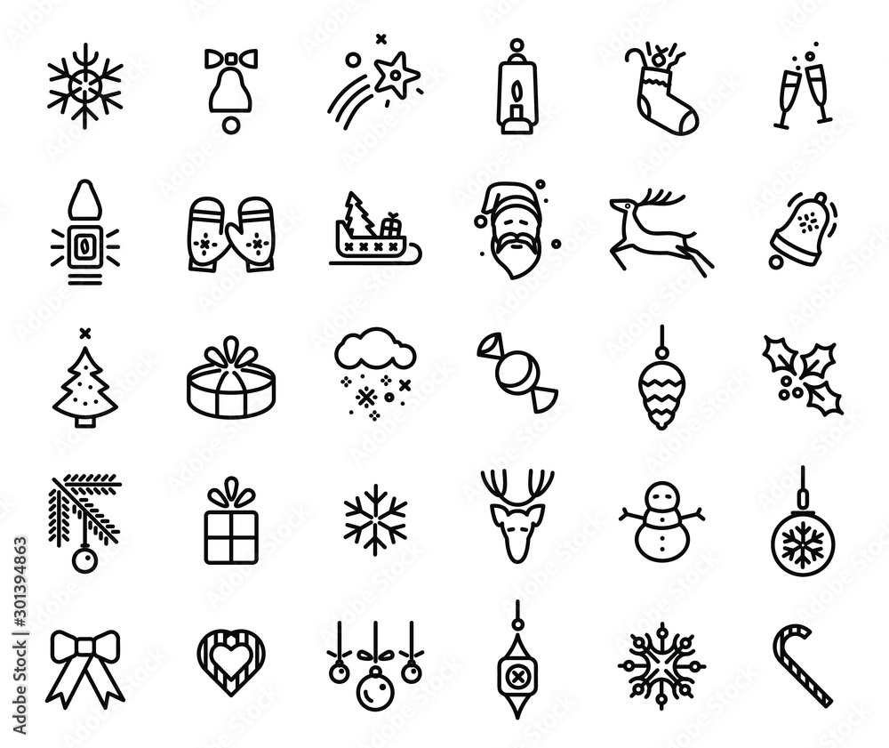 A set of vector Christmas and New Year linear icons. A set of vector Christmas and New Year linear icons.