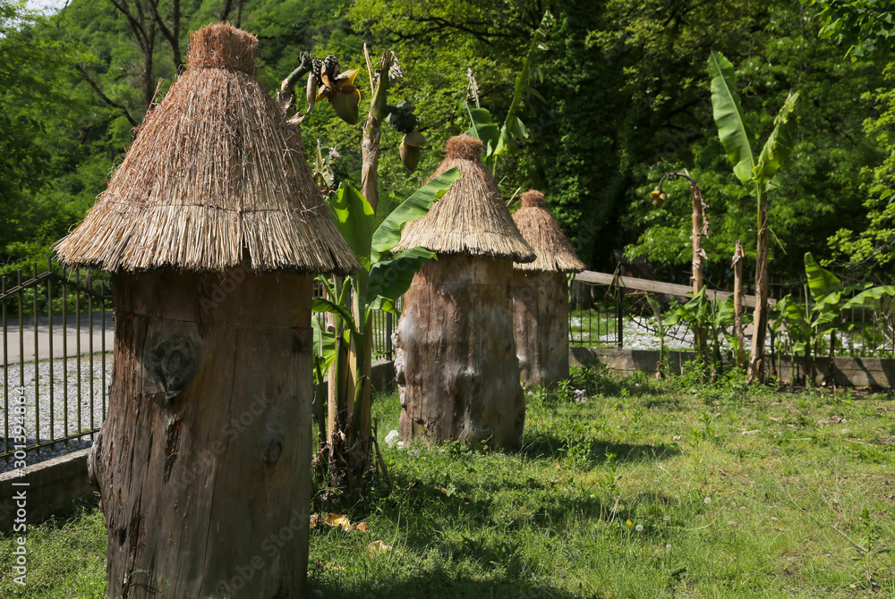Unusual bee farm with cone-shaped houses among green meadows Unusual bee farm with cone-shaped houses among green meadows