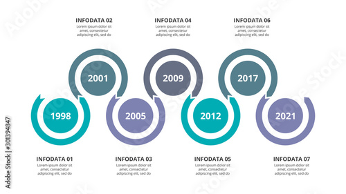 Creative concept for infographic timeline. Process chart. Abstract elements of graph, diagram with 7 steps, options, parts or processes. Vector business template for presentation.