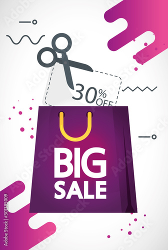 commercial label with big sale offer lettering in bag shopping and thirty percent discount vector illustration design
