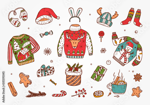 Ugly Christmas Sweater Party. Hand Drawn Doodle Holiday set: Christmas festive knitted clothes, gifts boxes, sweets, gingerbread cookies, mulled wine, spice. Vector Xmas Invitation Card Template