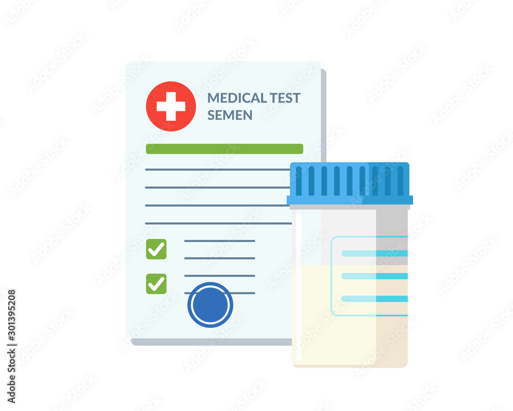 Plastic jar sperm semen lab test analysis and medical form list with results data and approved check mark vector illustration. Donor insurance checklist document. Medicine exam concept